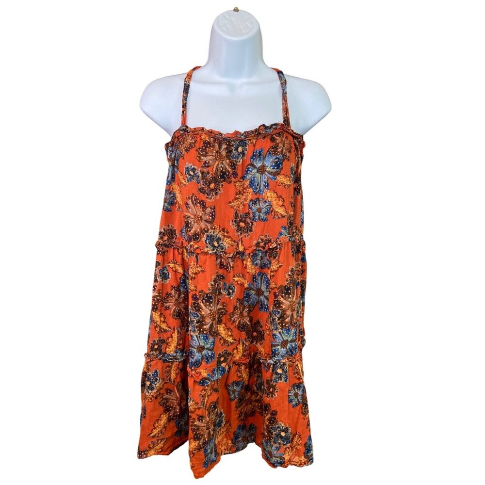 Old Navy Youth Y2K Sundress XL Orange Floral Strappy Back Ruffled Hem Boho